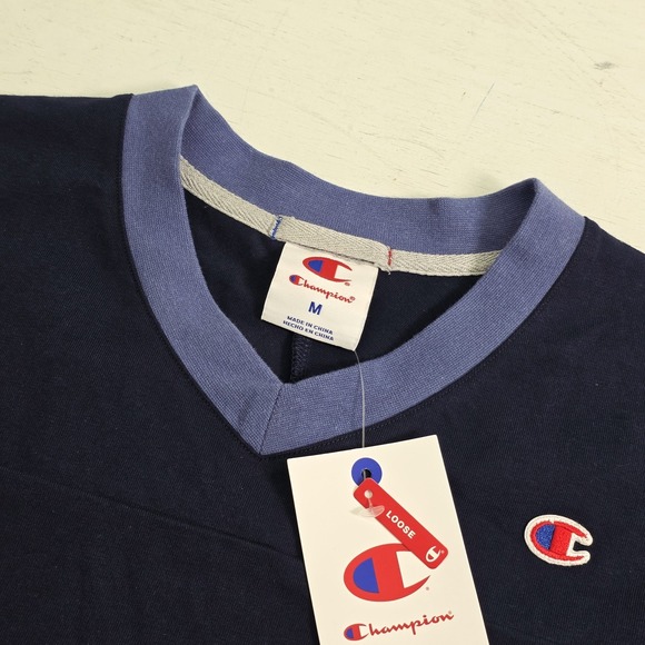 Champion Knitwear Men's V-Neck Retro Varsity Patch Jersey Shirt Navy Sz M NWT - Picture 5 of 14